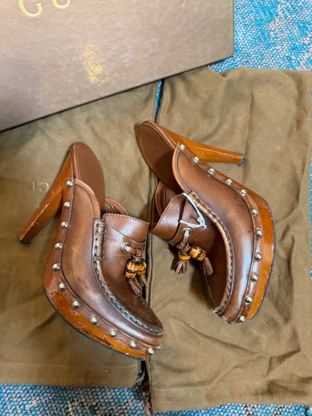 Gucci Brown Leather Tassel Studded Mule Heels - Picture 5 of 6